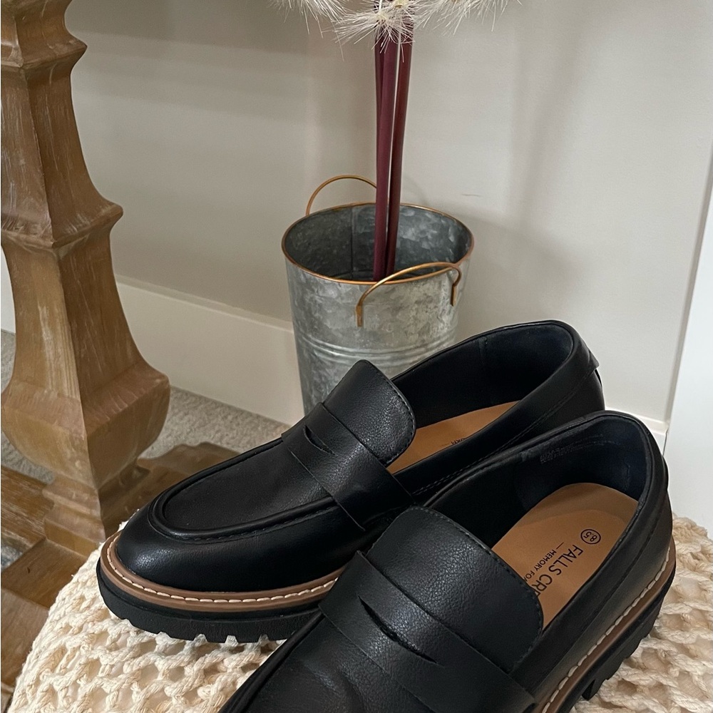 Falls Creek Black Leather Penny Loafers with Lug Sole